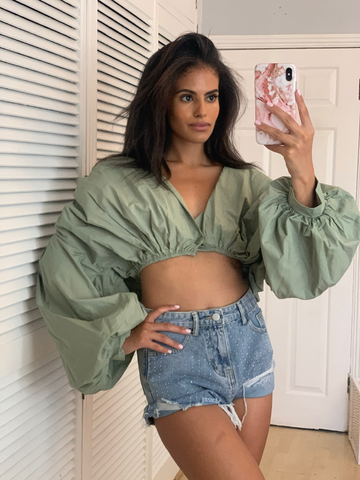 Louisa Balloon Sleeve Crop Top Green